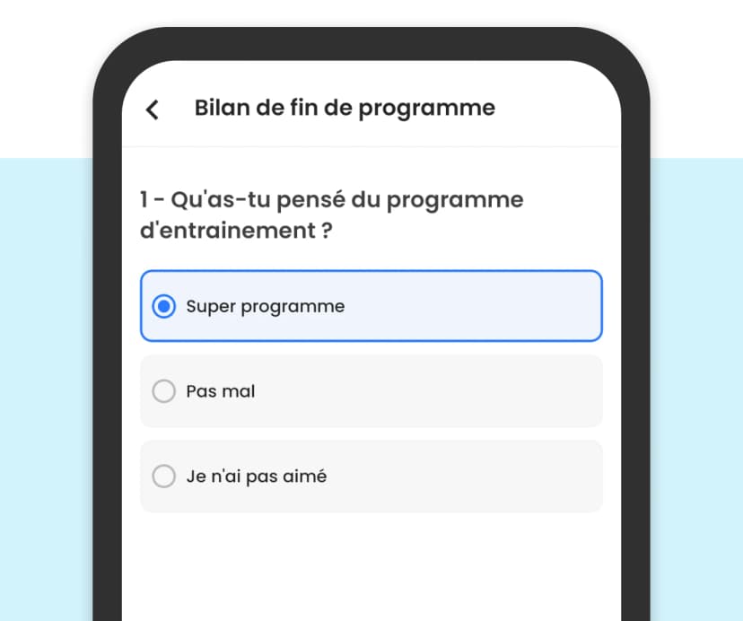 Questionnaires créé par un coach sportif accessible directement depuis l'application mobile Traener