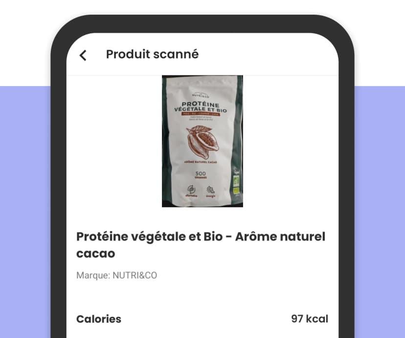 Scan d'un aliment avec les nutriments détaillés sur l'application mobile Traener